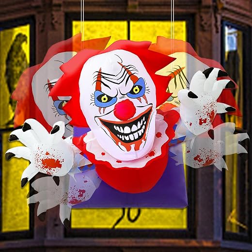Lulu Home 4.1FT L Halloween Inflatable Clown Decoration, Light Up Air-Blown Scary Clown Broke Out from Windows with Rotating Head for Walls Front Doors Haunted House Holiday Hanging Display