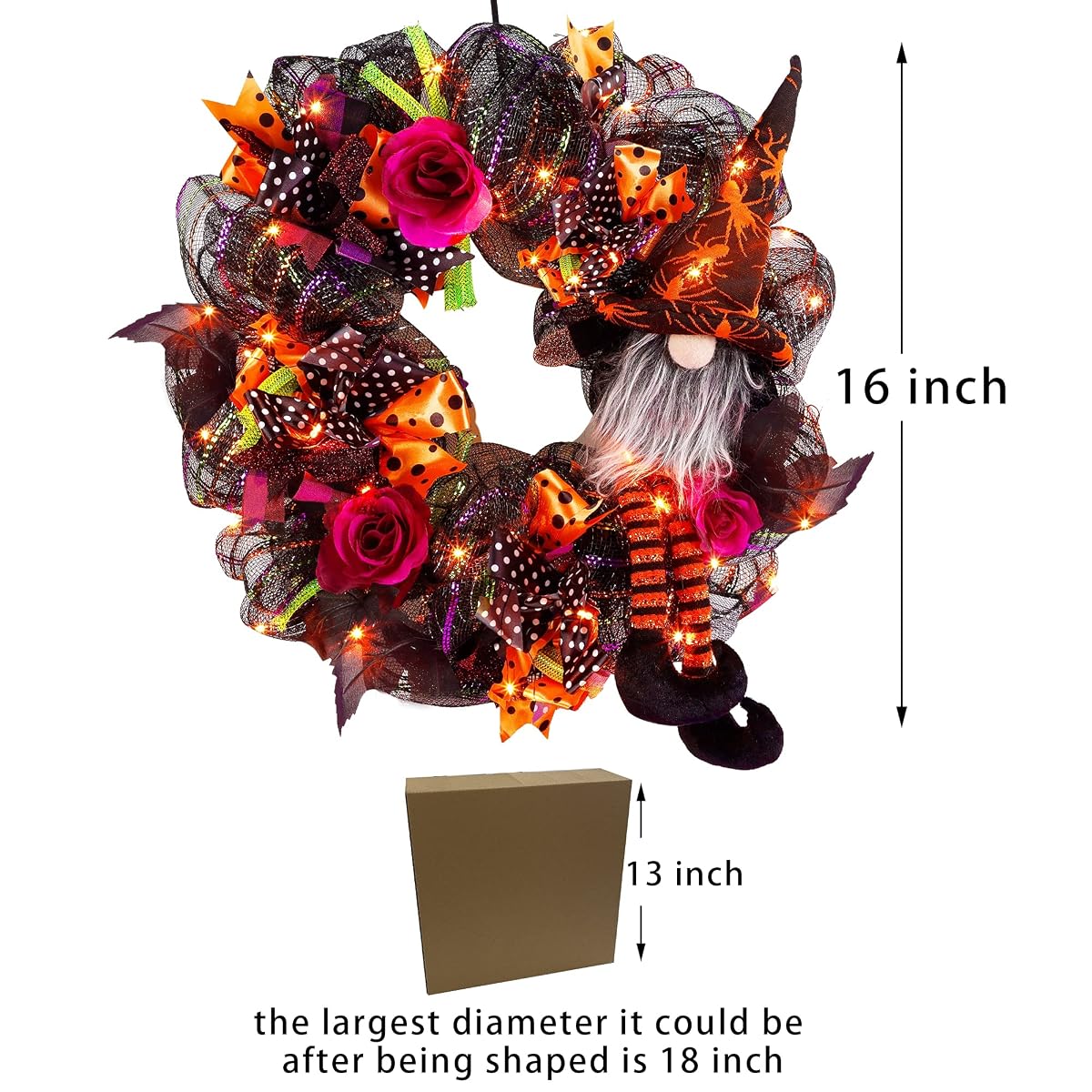 Lulu Home Halloween Wreath, 30 LED Orange Lighted Front Door Wreath with Gnome Mesh Decor, Battery Operated Halloween Wired Ribbon Wreath Artificial Door Wreath Hanging Ornament, NOT PRELIT - imagem de detalhe 1