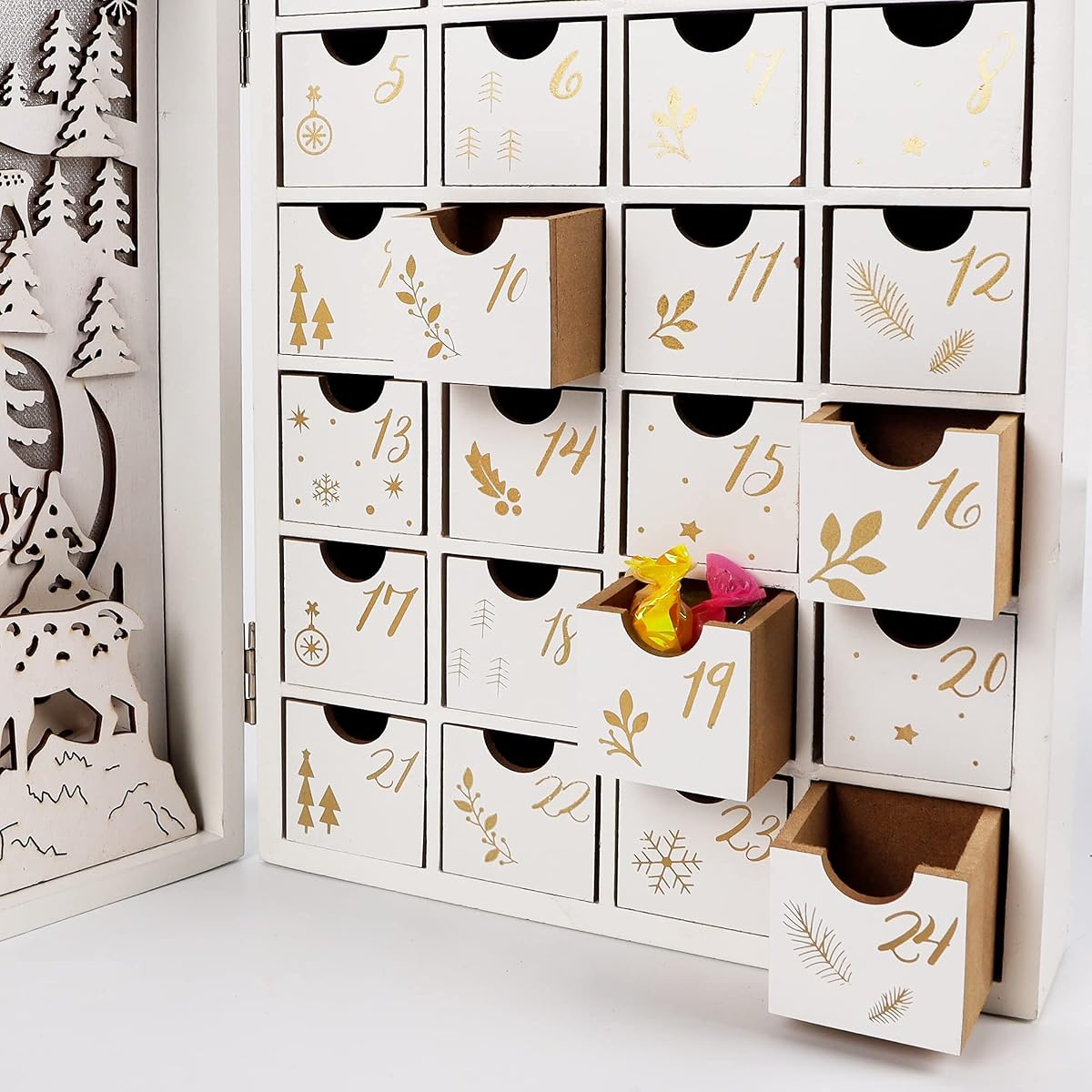 Lulu Home Christmas Wooden Advent Calendar with Drawers, LED Light Up Reusable Advent Book 24 Days Countdown to Christmas, Large Fill Your Own Advent Box Christmas Table Top Decorations - 细节图 3