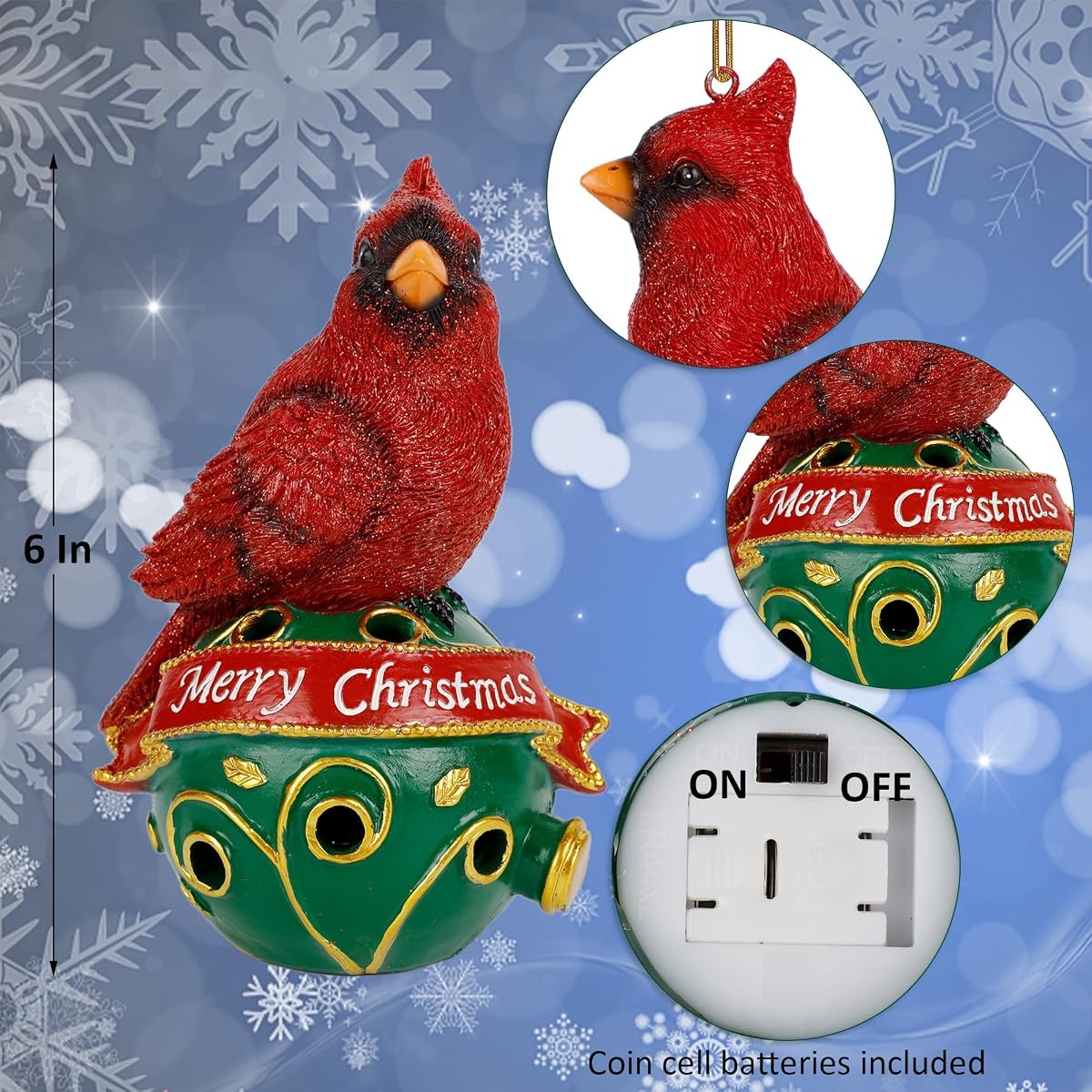 Lulu Home Christmas Hanging Decoration, 6" H Set of 2 Resin Cardinal Figures with Lighted Christmas Balls Base, Hanging Lifelike Red Birds with Pre-Strung Rope for Christmas Indoor Outdoor Decoration - 细节图 2