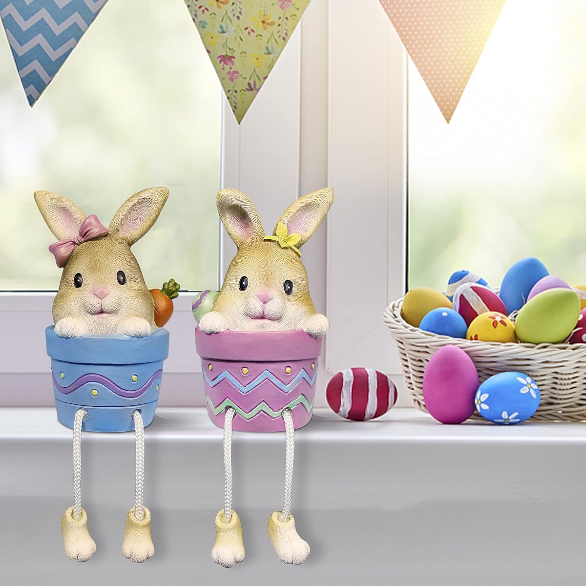 Lulu Home Easter Bunny Figurine, Set of 2 Resin Pot Bunny Shelf Sitters with Dangling Legs, Cute Modern Easter Statue Tabletop Sculpture Centerpieces Decorations - imagen de detalle 3