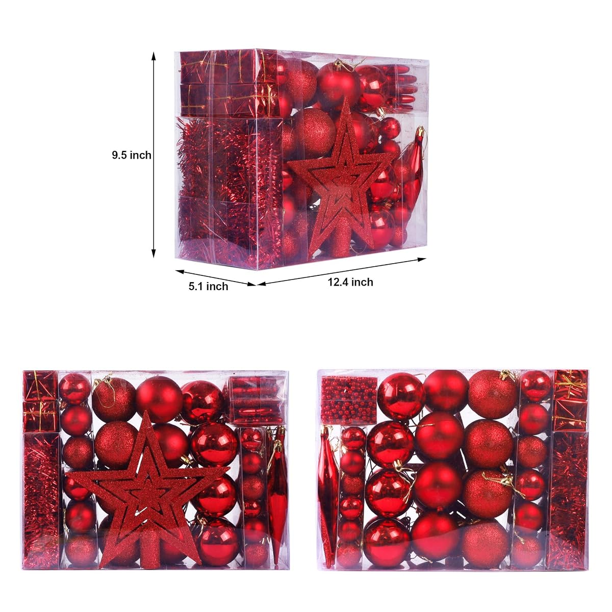 Lulu Home Christmas Assorted Ball Ornaments, 90 Pieces Including Balls Shuttle Five-Pointed Star Snowflakes Tree Top Star Mini Gift Boxes Tinsel Garland Bead Chain for Xmas, Pre-Strung - imagem de detalhe 1