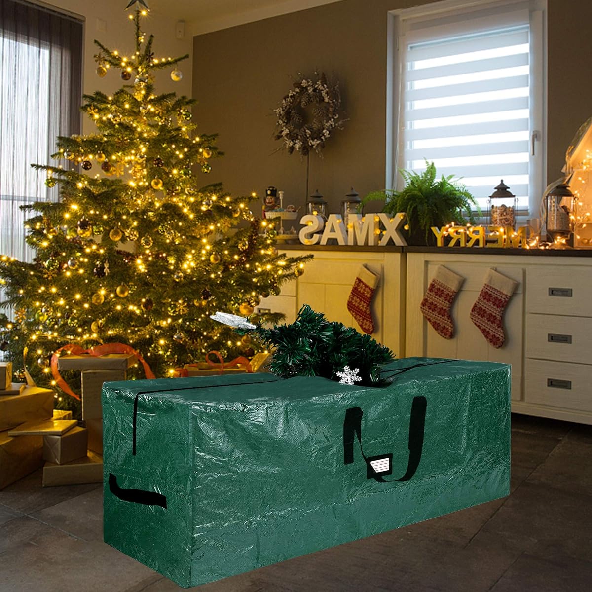 Lulu Home Christmas Tree Storage Bag, 65"x30"x15" Polyester Artificial Tree Storage Bag with Dual Zippers and Sturdy Handles, Fits Up to 9 Ft Disassembled Xmas Trees, Green - imagem de detalhe 5