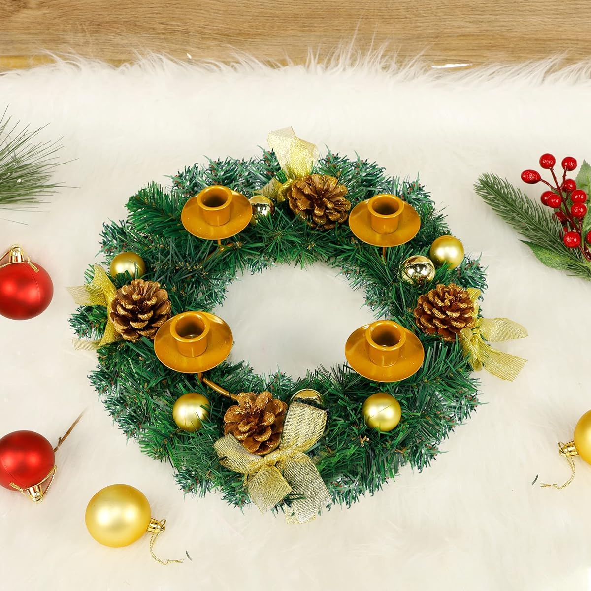 Lulu Home Christmas Advent Wreath, 13.4 Inch X-mas Golden Ribbon Advent Wreath with 4 Candle Holders Adorned Christmas Balls Pine Cones, Holiday Tabletop Candles Centerpieces Decoration - detail image 4