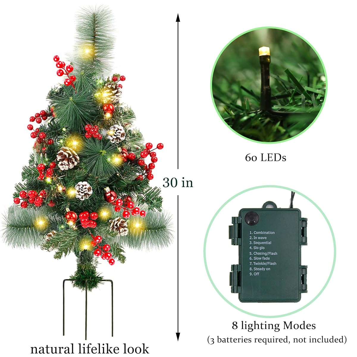 Lulu Home 2 Packs Pre-Lit Christmas Trees with Stake, 2.5FT H 60 LED Lighted Small Xmas Urn Planter Filler with Red Berries Red Balls Pine Cones Lights for Pathway Yard Garden Outdoor Decorations - detail image 1