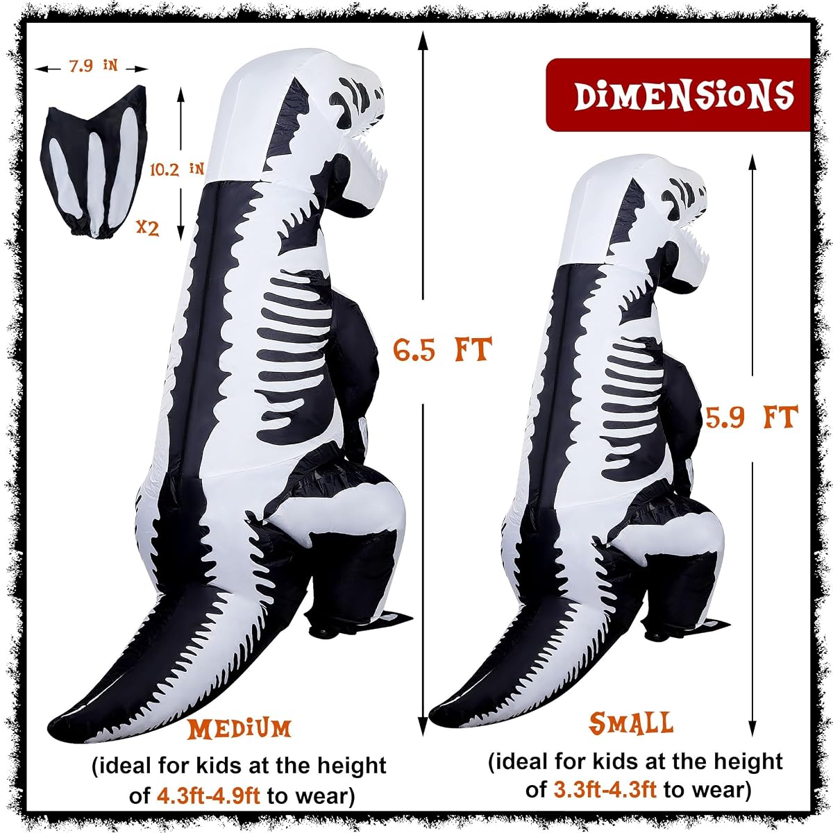 Lulu Home 5.9FT H Inflatable Dinosaur T-Rex Costume for Kids, Halloween Blow Up Fancy Dress Costume for Boys Girls Dinosaur Themed Party Trick or Treat Activity, Black & White - Small - imagem de detalhe 1