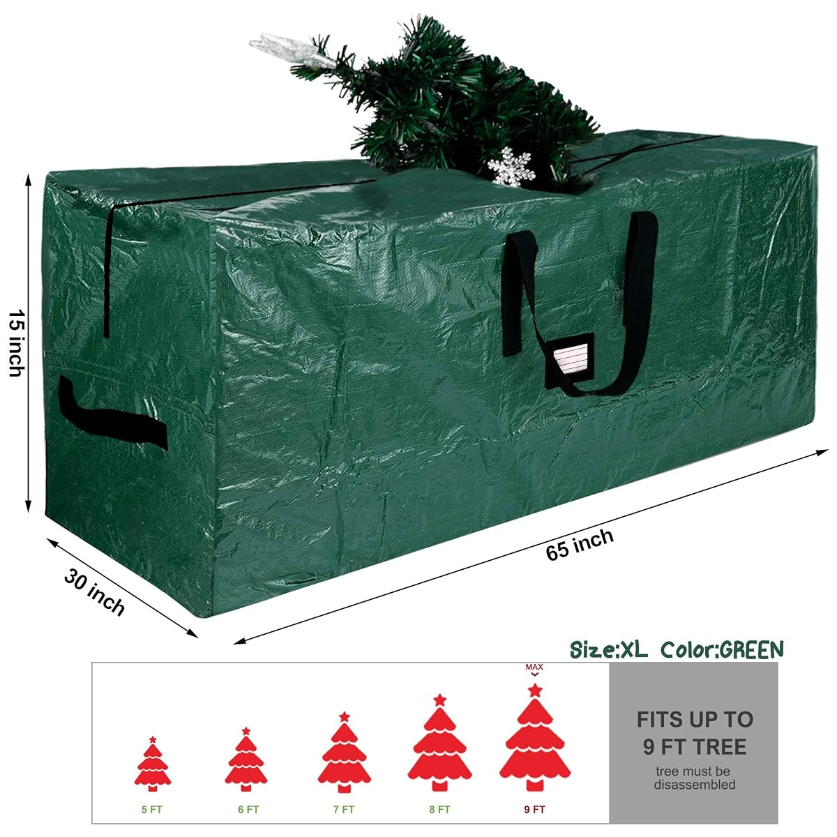 Lulu Home Christmas Tree Storage Bag, 65"x30"x15" Polyester Artificial Tree Storage Bag with Dual Zippers and Sturdy Handles, Fits Up to 9 Ft Disassembled Xmas Trees, Green - imagem de detalhe 1