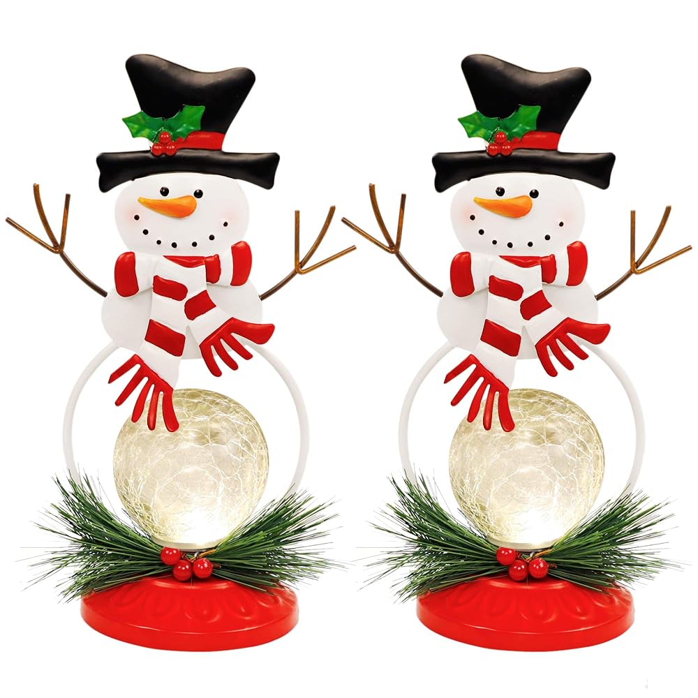 Lulu Home Lighted Christmas Table Decorations, 2 Pack 11.2 Inch Christmas Snowman Ornaments with Lighted Glass Ball, Battery Operated Lighted Snowman Decorations, Xmas Holiday Winter Tabletop Ornament