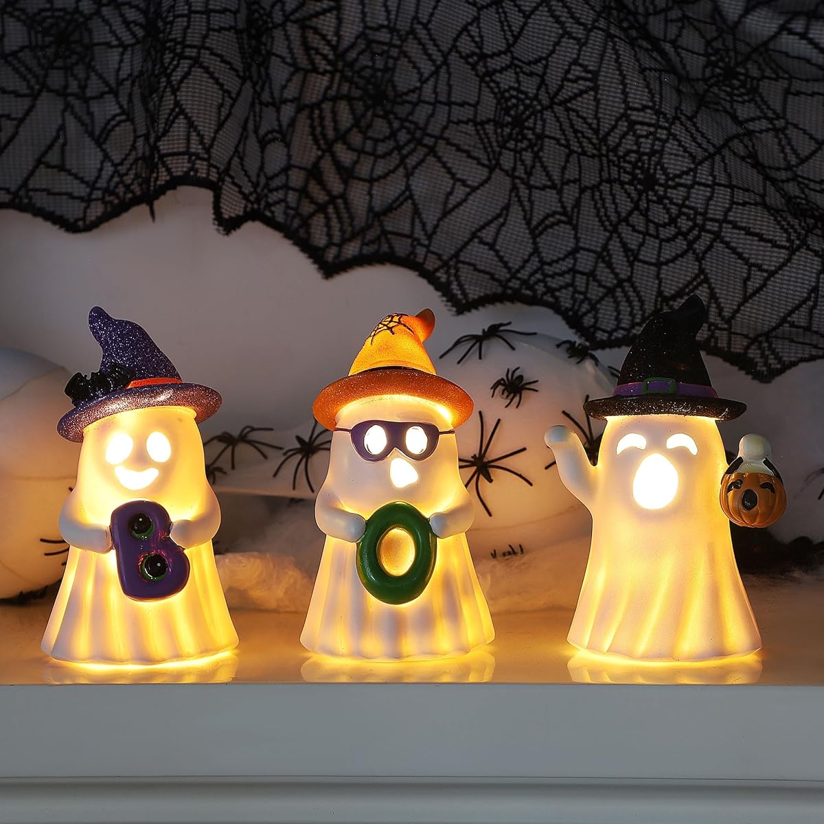 Lulu Home 3 Packs Halloween Tabletop Ornaments, 5.5" H Light Up Resin Ghosts Wearing Glittered Witch Hats, Boo Ghost Figurines for Indoor Fireplace Kitchen Shelf Holiday Decorations - detail image 3