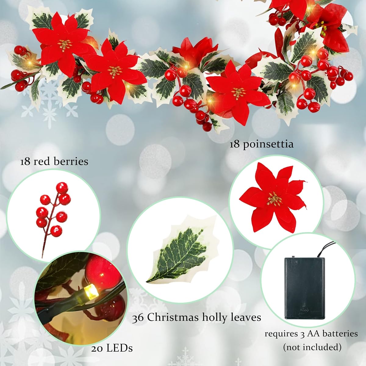 Lulu Home 5.9FT Pre-lit 20 LED Christmas Holly Leaves Garland Decorated with 18 Pinecones, Battery Operated Christmas Lighted Poinsettia Garland Indoor Outdoor for Fireplace, Staircase Decor - imagem de detalhe 2