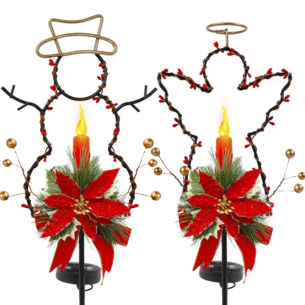 Lulu Home Solar Lighted Christmas Yard Stakes, 2 Pack 32 Inch Snowman Angle Solar Powered Lighted Metal Stakes for Lawn, Pathway, Sidewalk, Garden Outdoor Decoration
