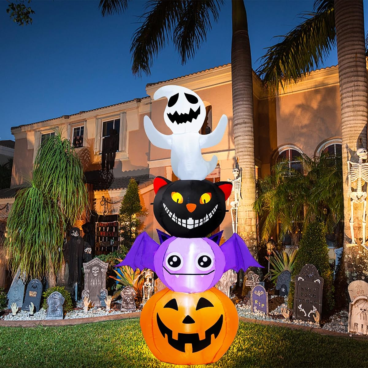 Joliyoou Halloween Blow Up Yard Decoration, 6 FT LED Lighted Inflatable Halloween Stacked Ghost Black Cat Bat Pumpkin, Inflatable Holiday Yard Lawn Garden Decorations for Indoor and Outdoor - imagen de detalle 5