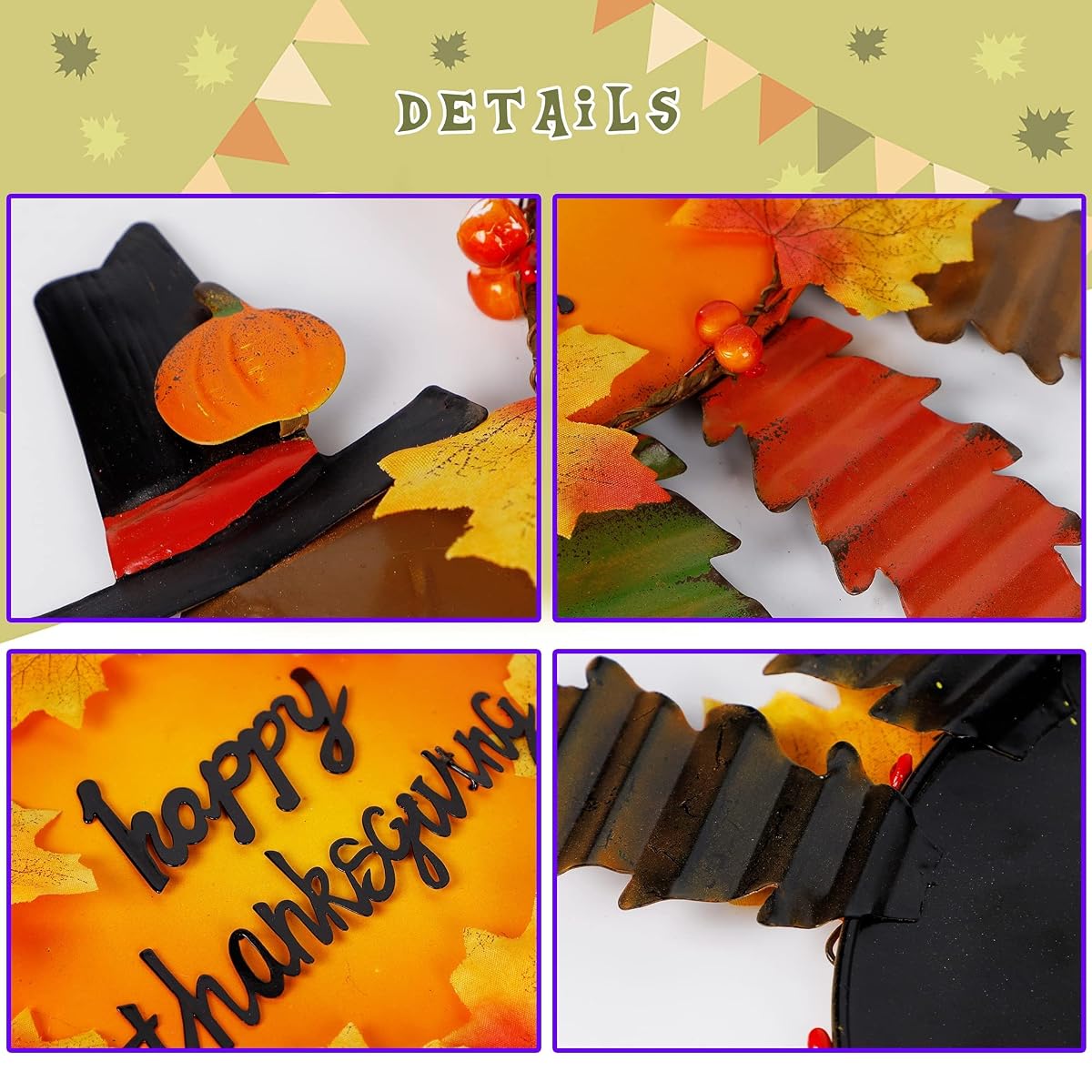 Lulu Home Thanksgiving Turkey Decors, 36" Give Thanks Metal Turkey Stakes Adorned with Maple Leaves Pumpkins, Happy Thanksgiving Autumn Fall Lawn Yard Outdoor Decorations, 2 Pack - 细节图 5