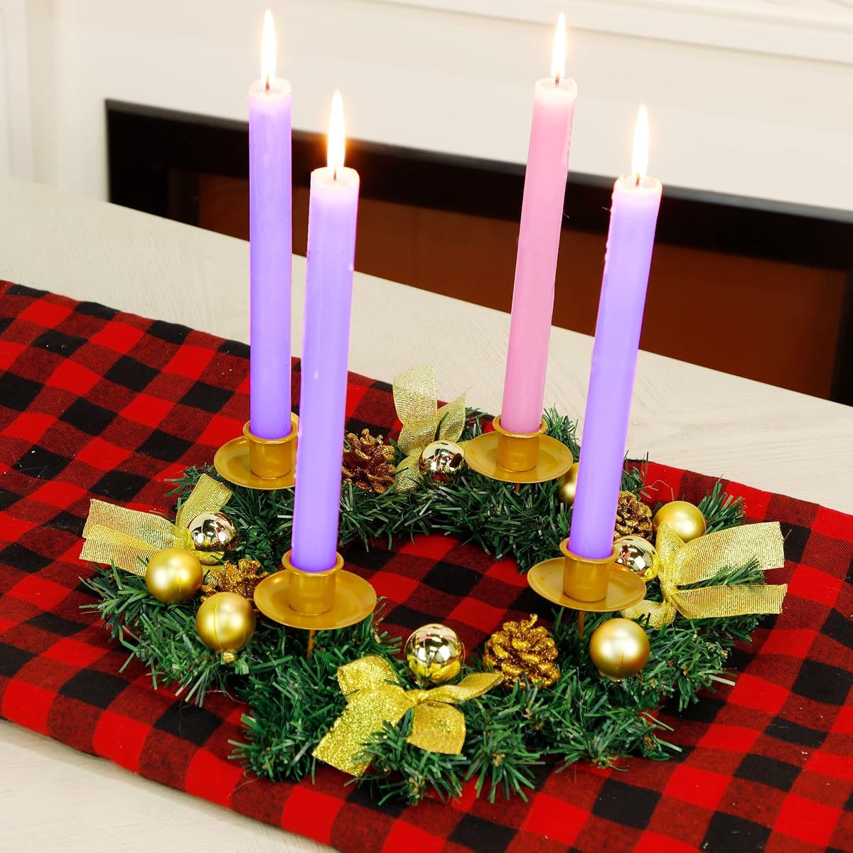 Lulu Home Christmas Advent Wreath, 13.4 Inch X-mas Golden Ribbon Advent Wreath with 4 Candle Holders Adorned Christmas Balls Pine Cones, Holiday Tabletop Candles Centerpieces Decoration - detail image 1