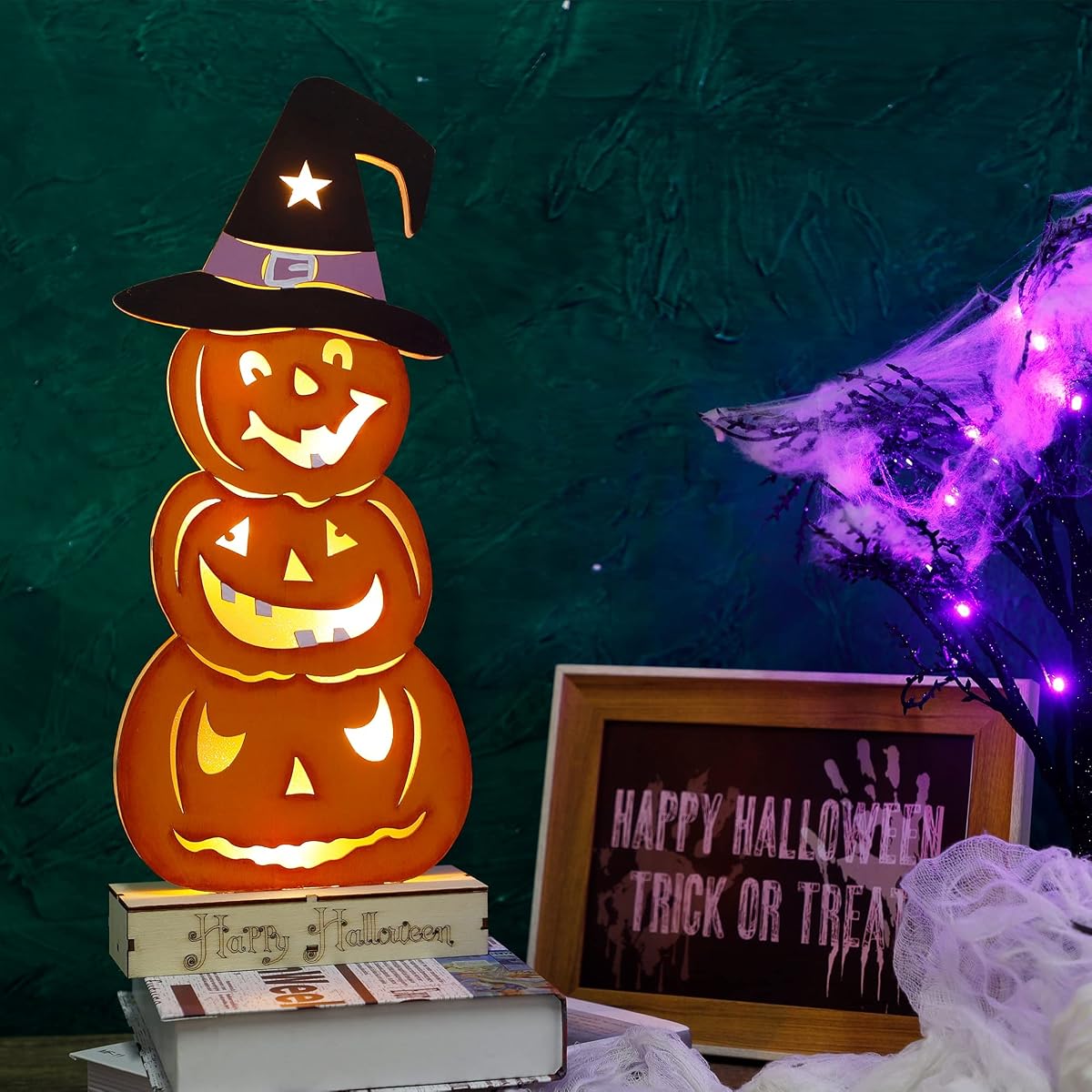 Lulu Home Halloween Tabletop Decoration, Wooden Lighted Stacked Jack-O-Lantern Decoration, Battery Operated Pumpkin Sign Indoor Fireplace Desk Kitchen Table Ornament, 16 x 6.5 x 2.7 in - imagem de detalhe 6