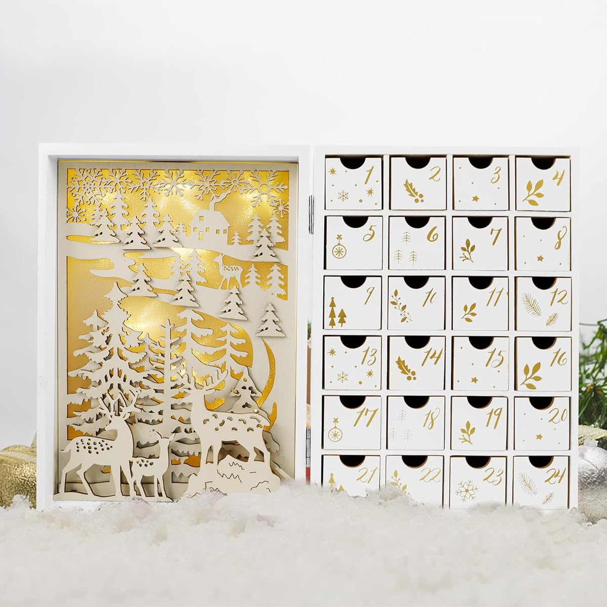 Lulu Home Christmas Wooden Advent Calendar with Drawers, LED Light Up Reusable Advent Book 24 Days Countdown to Christmas, Large Fill Your Own Advent Box Christmas Table Top Decorations - 细节图 4