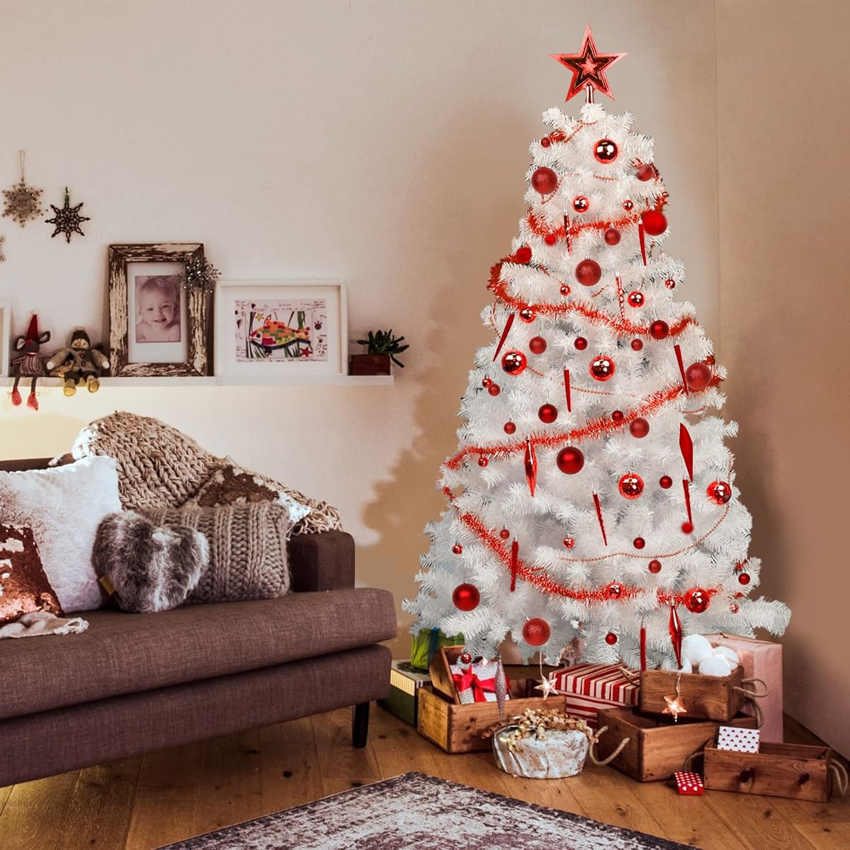 Lulu Home Christmas Assorted Ball Ornament, 75 Pieces Red Shatterproof Balls Xmas Seasonal Decorations for Xmas, Pre-Strung - detail image 4