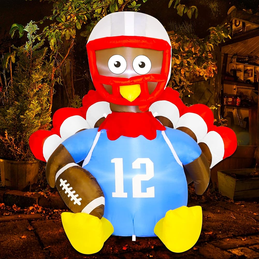 Lulu Home Thanksgiving Inflatable Decoration Outdoor, 5 FT Air Blown American Football Turkey with Built in Lights, Blown Up Helmet Rugby Turkey for Fall Outdoor Holiday Yard Lawn Garden Decoration