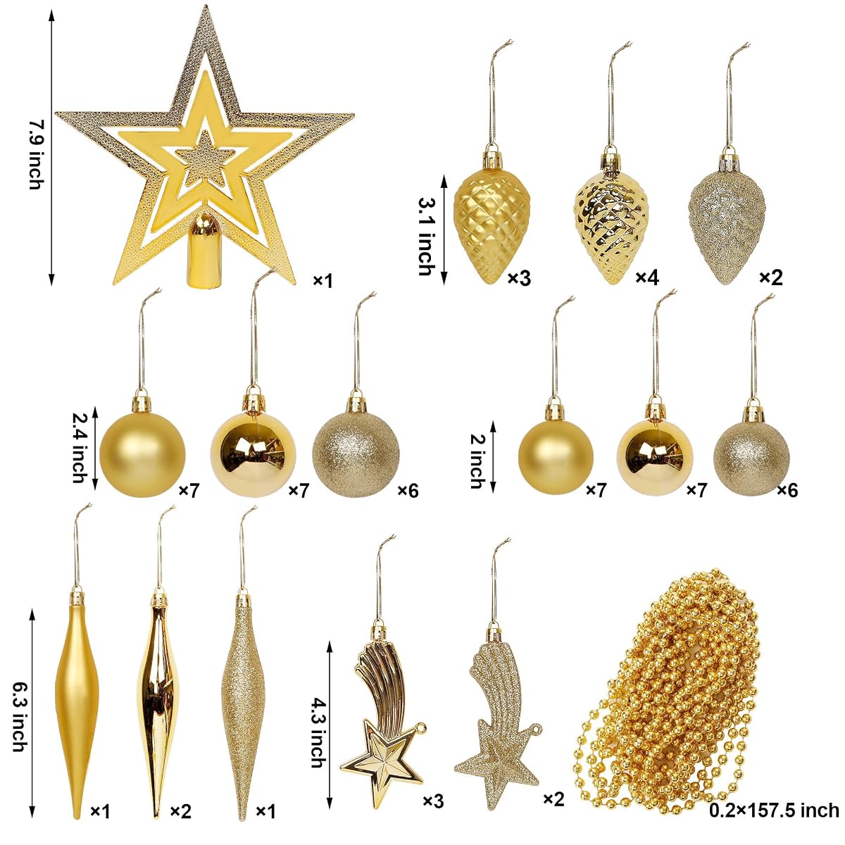 Lulu Home Assorted Christmas Tree Ornaments Set, 60 Pieces Golden Shatterproof Balls Xmas Seasonal Decorations for Easter Decoration, Pre-Strung - imagen de detalle 2