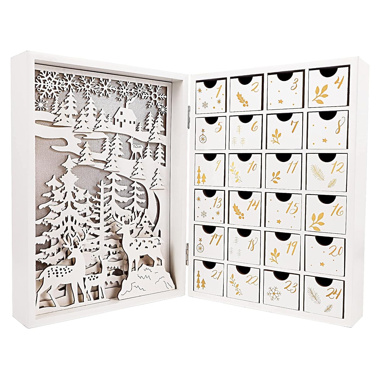 Lulu Home Christmas Wooden Advent Calendar with Drawers, LED Light Up Reusable Advent Book 24 Days Countdown to Christmas, Large Fill Your Own Advent Box Christmas Table Top Decorations - 细节图 5