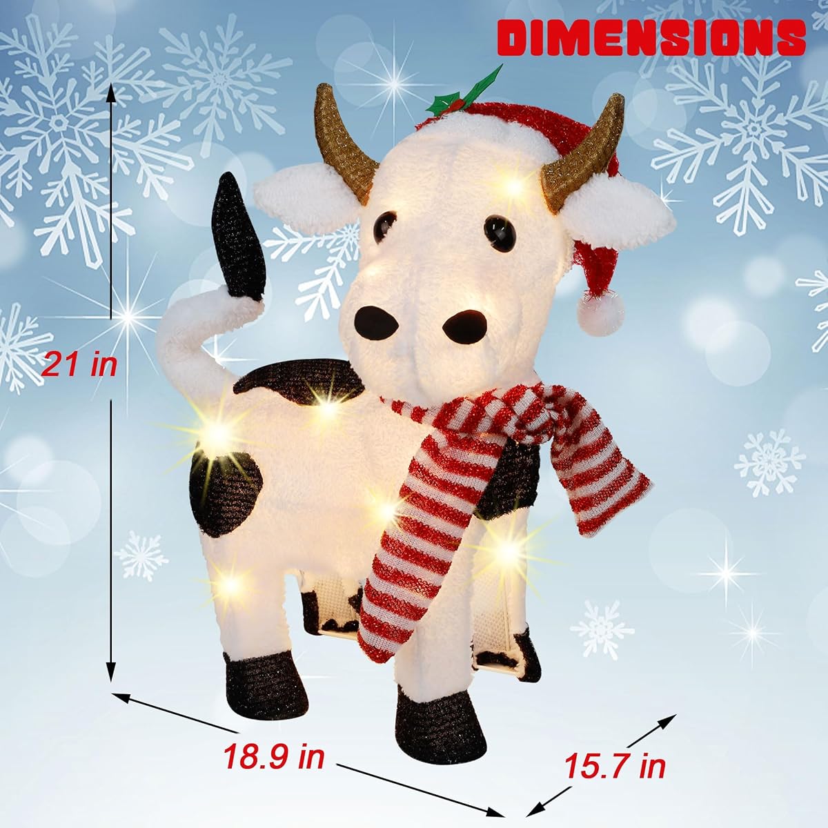 Lulu Home 21" H Christmas Yard Decoration, 3D Pre-lit Cow with 35 Warm White Lights, Light Up Diary Cattle Wearing Scarf & Santa Hat for Xmas Indoor Outdoor Holiday Lighted Display - imagen de detalle 1