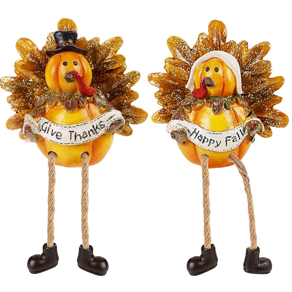Lulu Home Thanksgiving Turkey Figurines, Set of 2 Resin Turkey Shelf Sitters with Dangling Legs, Give Thanks Happy Fall Harvest Sculpture for Window Sill Kitchen Tabletop Autumn Home Decor