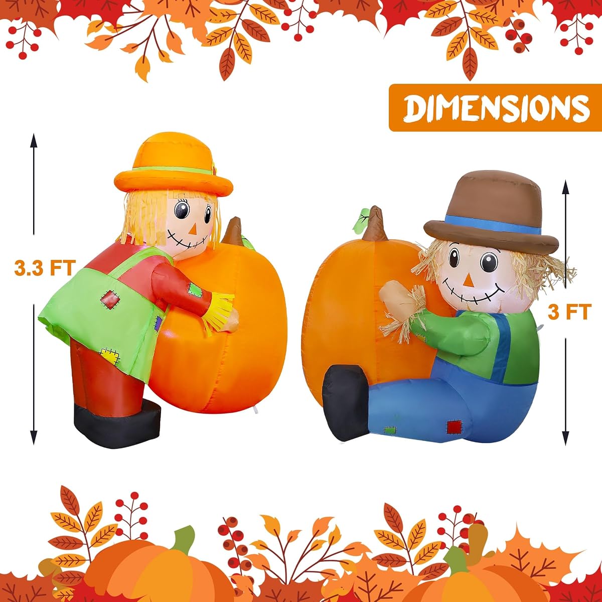 Lulu Home Thanksgiving Inflatable Decoration, Set of 2 Air Blown Scarecrow Couples with Built-in LED Lights for Fall Autumn Harvest Decor (Sitting & Standing Scarecrows) - imagem de detalhe 1