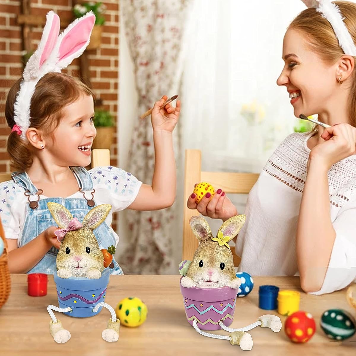 Lulu Home Easter Bunny Figurine, Set of 2 Resin Pot Bunny Shelf Sitters with Dangling Legs, Cute Modern Easter Statue Tabletop Sculpture Centerpieces Decorations - imagen de detalle 2
