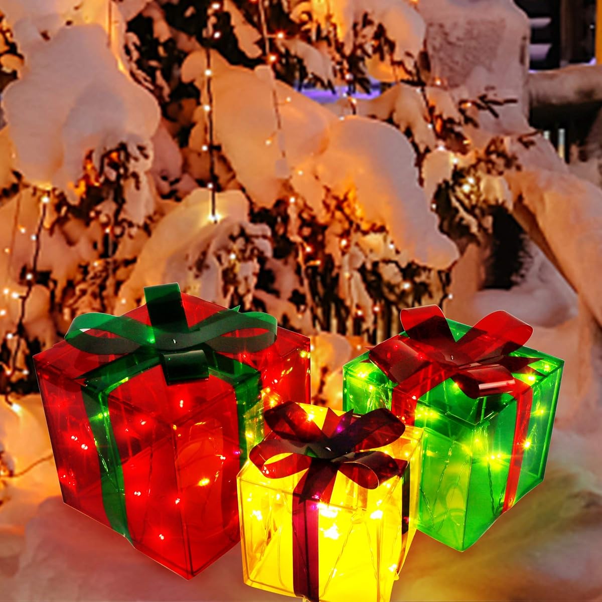 Lulu Home Christmas Lighted Gift Boxes, 60 LED Light Up Deocr Outdoor, Light Up Christmas Boxes Present Decorations Outdoor Yard Red Green Yellow - imagen de detalle 5