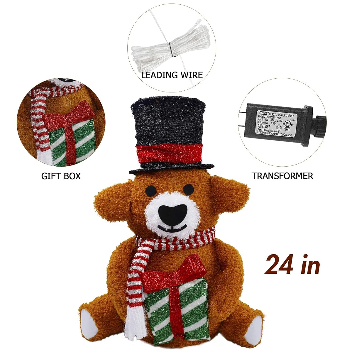 Lulu Home Christmas Collapsible Brown Bear Decoration, 24 Inch 48 LED Christmas Lighted Brown Bear Ornaments with Clear Lights, Plug-in Christmas Light Up Brown Bear Indoor Outdoor Yard Holiday Decor - imagen de detalle 2