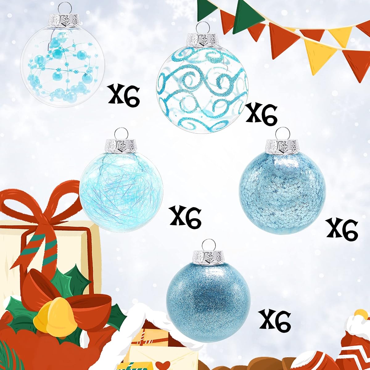 Lulu Home 30ct 2.36" Clear Christmas Ball Ornaments, Pre-Strung Transparent Balls with Unique Decorations Inside, Shatterproof Plastic Balls for Xmas Party Wreath Garlands Trees, Light Blue - imagem de detalhe 1