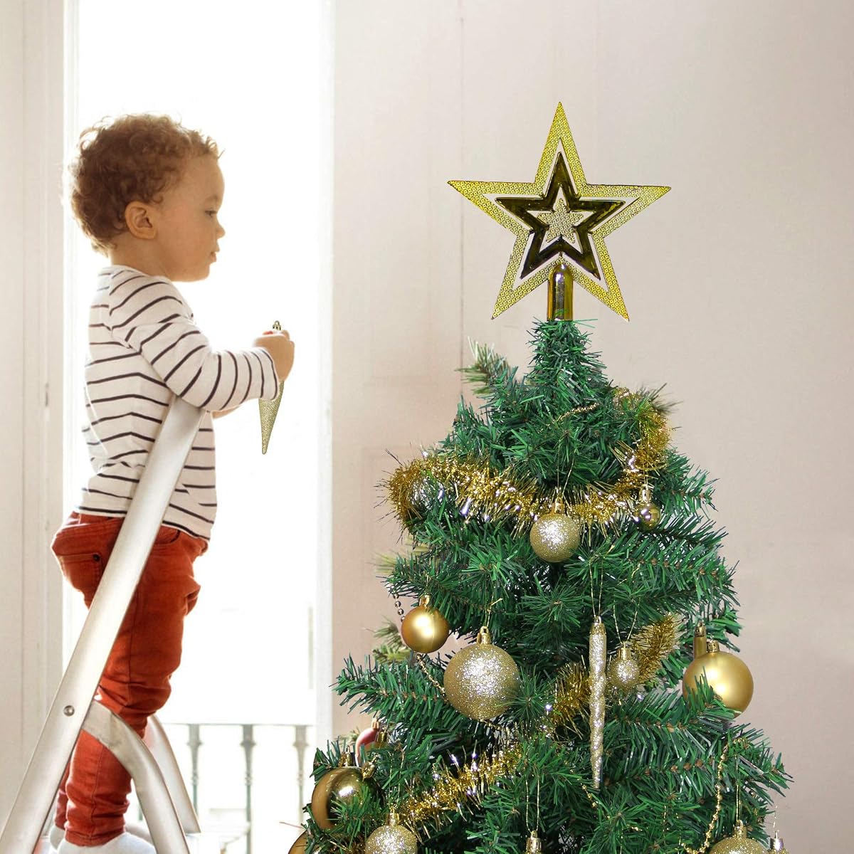 Lulu Home Assorted Christmas Tree Ornaments Set, 75 Pieces Golden Shatterproof Balls Xmas Seasonal Decorations for Easter Decoration, Pre-Strung - imagen de detalle 3