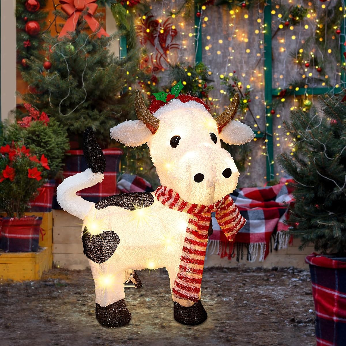 Lulu Home 21" H Christmas Yard Decoration, 3D Pre-lit Cow with 35 Warm White Lights, Light Up Diary Cattle Wearing Scarf & Santa Hat for Xmas Indoor Outdoor Holiday Lighted Display - imagen de detalle 4