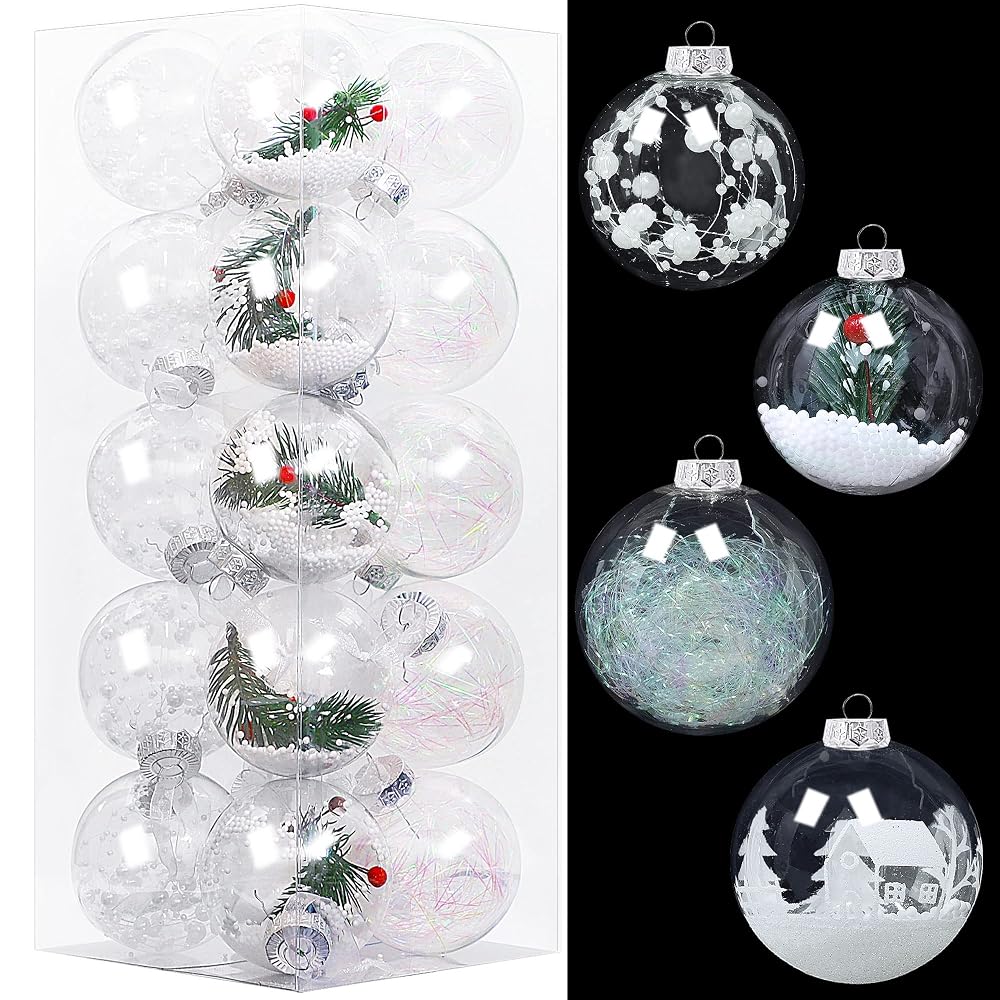 Lulu Home 20ct 3.15" Clear Christmas Ball Ornaments, Pre-Strung Transparent Balls with Unique Decorations Inside, Shatterproof Plastic Balls for Xmas Party Wreath Garlands Trees, White