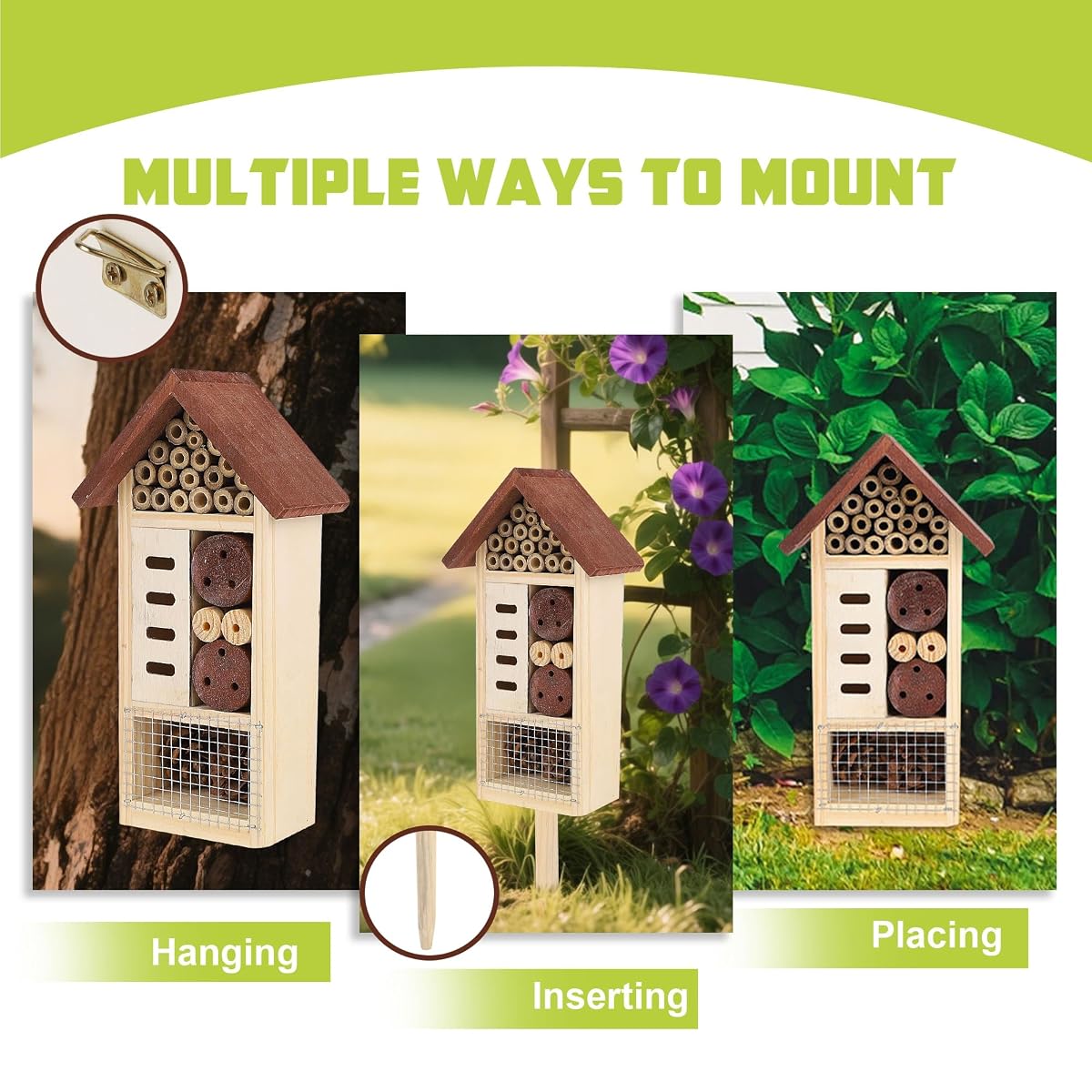 Lulu Home Wooden Insect House with Stake, Hanging & Inserting Two Mount Ways Insect Hotel for Bee, Butterfly, Ladybirds, Beneficial Insect Habitat, Bug Hotel Garden, 19.7 X 3.4 X 5.4 Inch - imagen de detalle 2