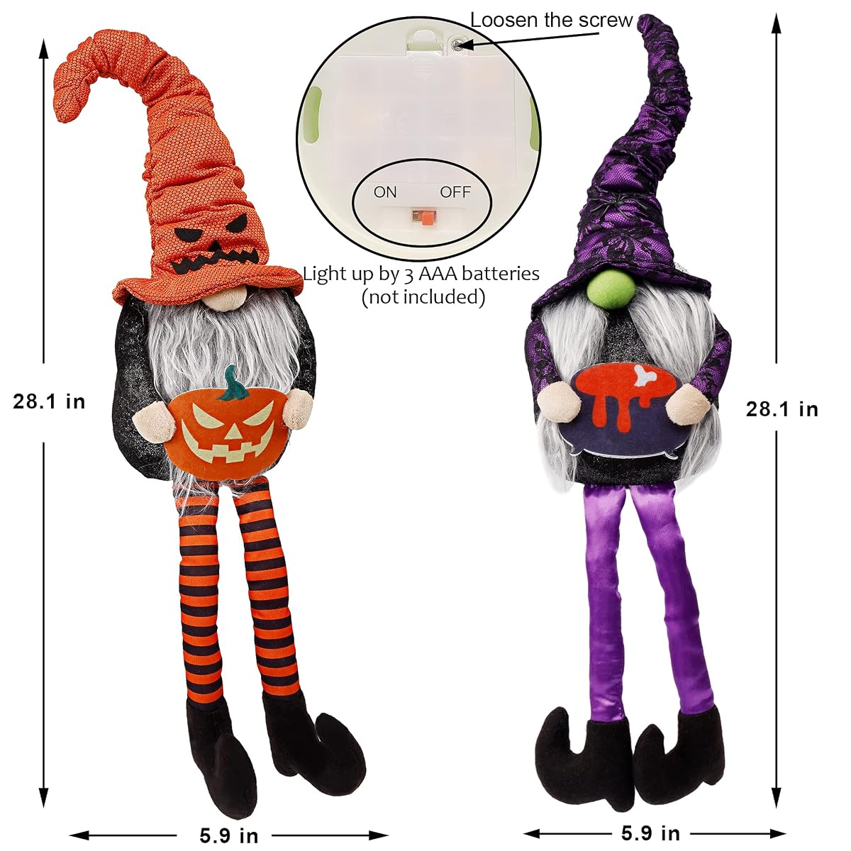 Lulu Home Halloween Gnome Decor, Set of 2 Stuffed Plush Dangle Leg Gnomes, Handmade Shelf Sitters Tomte Swedish Witch Gnome Ornaments for Halloween Home Party Decor, 28.1 x 5.9 Inch - imagen de detalle 1