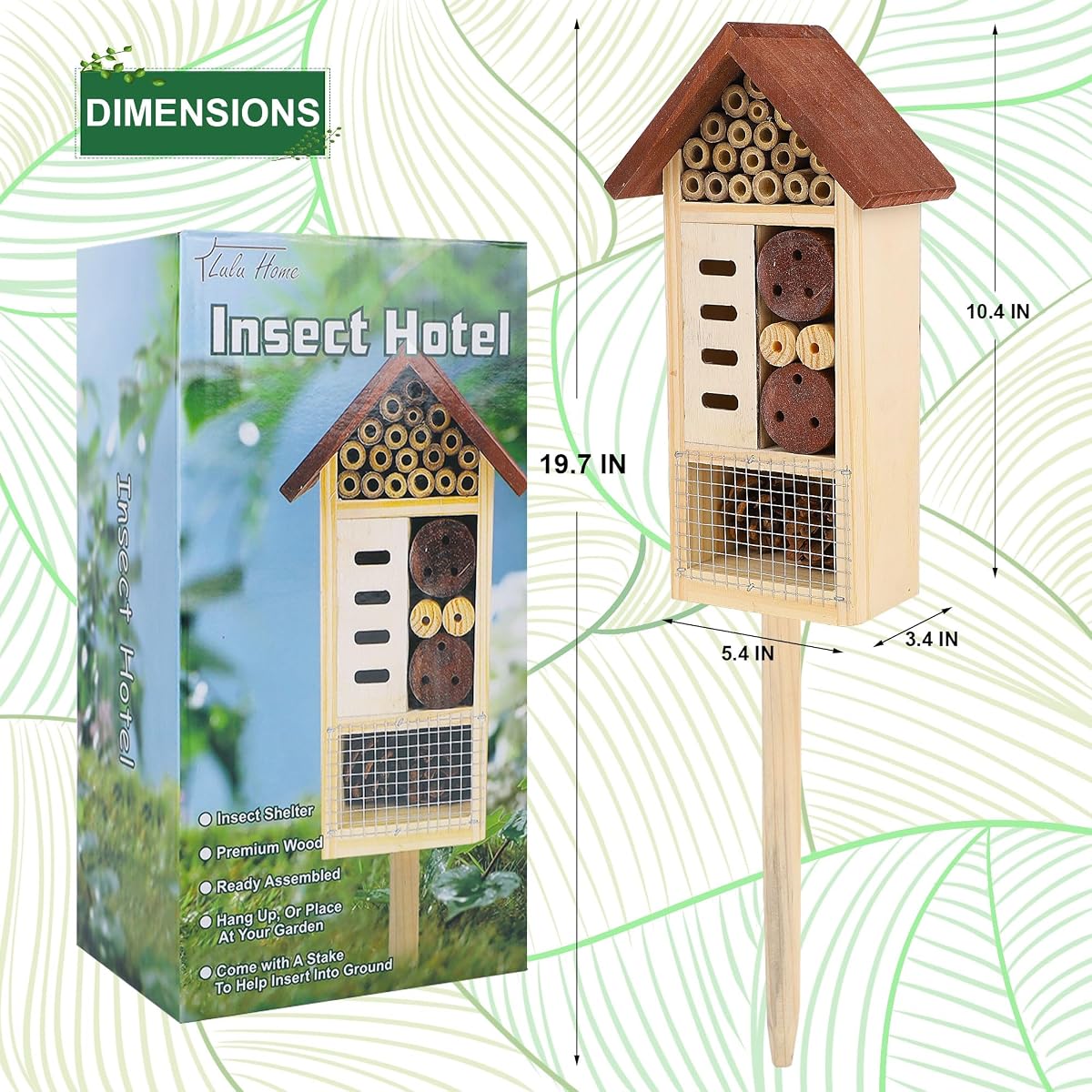 Lulu Home Wooden Insect House with Stake, Hanging & Inserting Two Mount Ways Insect Hotel for Bee, Butterfly, Ladybirds, Beneficial Insect Habitat, Bug Hotel Garden, 19.7 X 3.4 X 5.4 Inch - imagen de detalle 1
