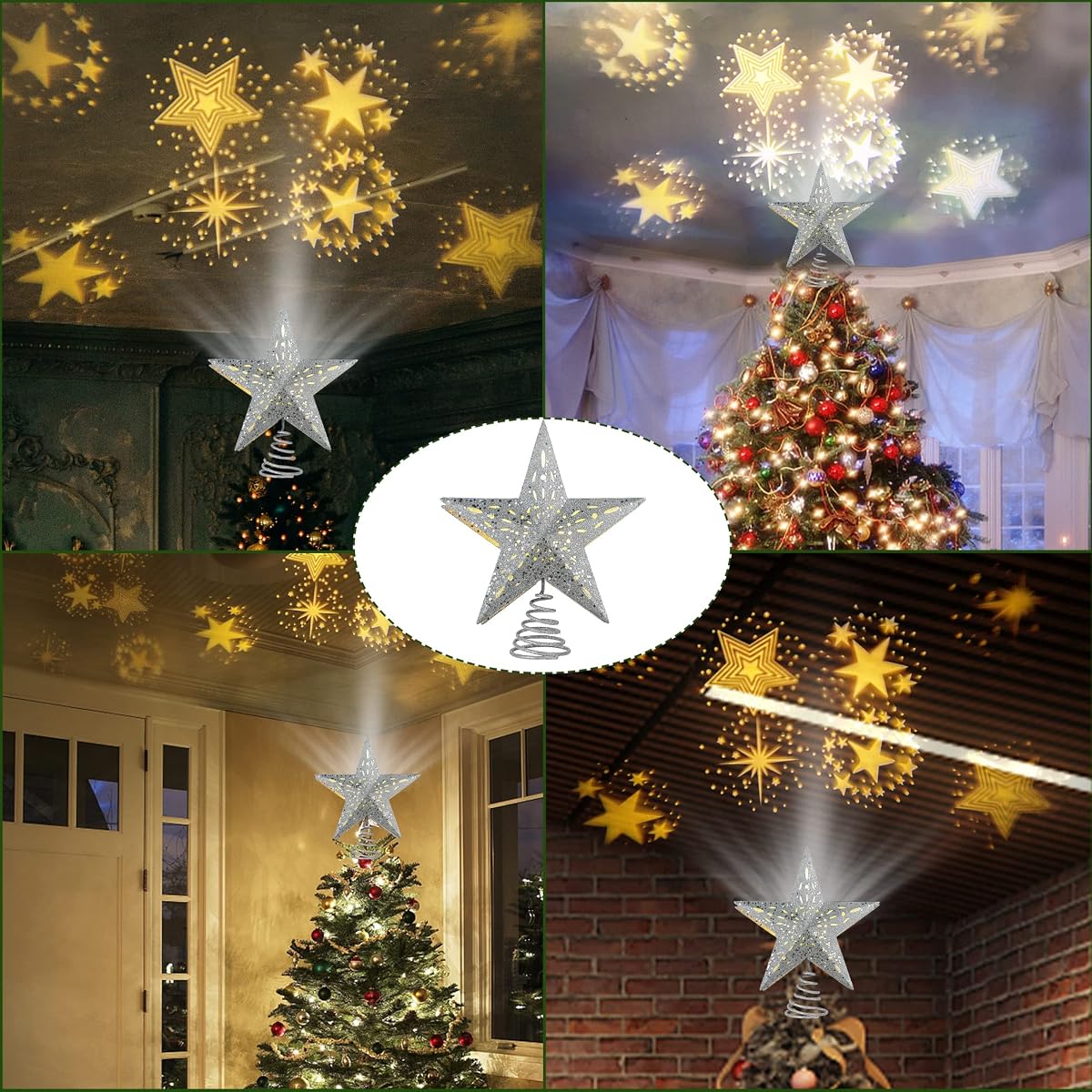 Lulu Home Christmas Tree Topper with Projector, 3D Hollow Glittered Metal Tree Topper with Rotating Star Projection, Plug-In Led Lighted Xmas Tree Star Topper for Christmas Decoration, 12 Inch, Silver - imagem de detalhe 3