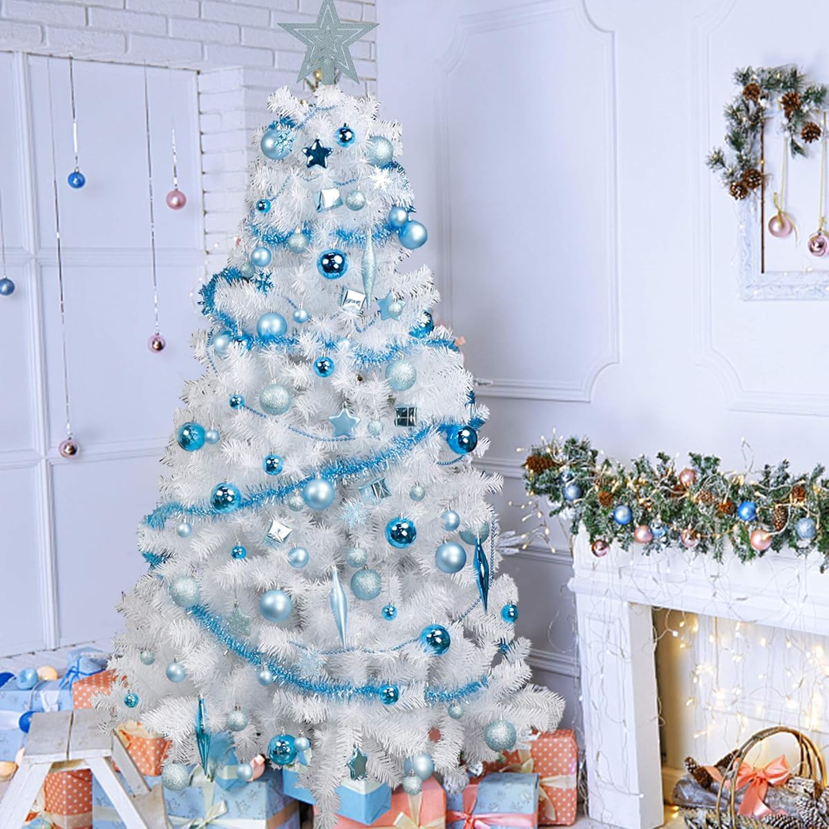Lulu Home Assorted Christmas Tree Ornaments Set, 90 Pieces Including Balls Shuttle Five-Pointed Star Snowflakes Tree Top Star Mini Gift Boxes Tinsel Garland Bead Chain, Pre-Strung - imagem de detalhe 4