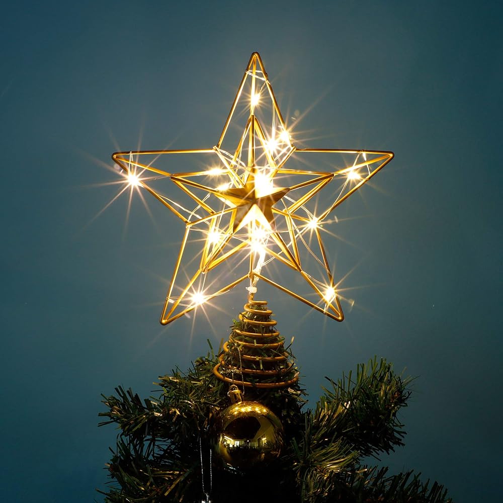 Lulu Home Christmas Tree Topper, 8.5" X 7.6" Golden Christmas LED Star Tree Topper, 15 LED Lighted Xmas Tree Star Topper Christmas Tree Ornament Decoration
