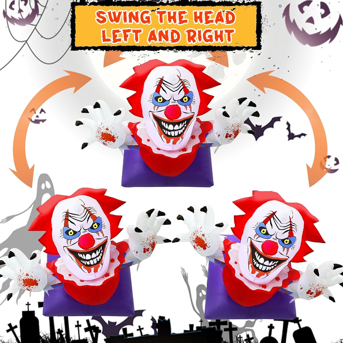 Lulu Home 4.1FT L Halloween Inflatable Clown Decoration, Light Up Air-Blown Scary Clown Broke Out from Windows with Rotating Head for Walls Front Doors Haunted House Holiday Hanging Display - imagem de detalhe 3