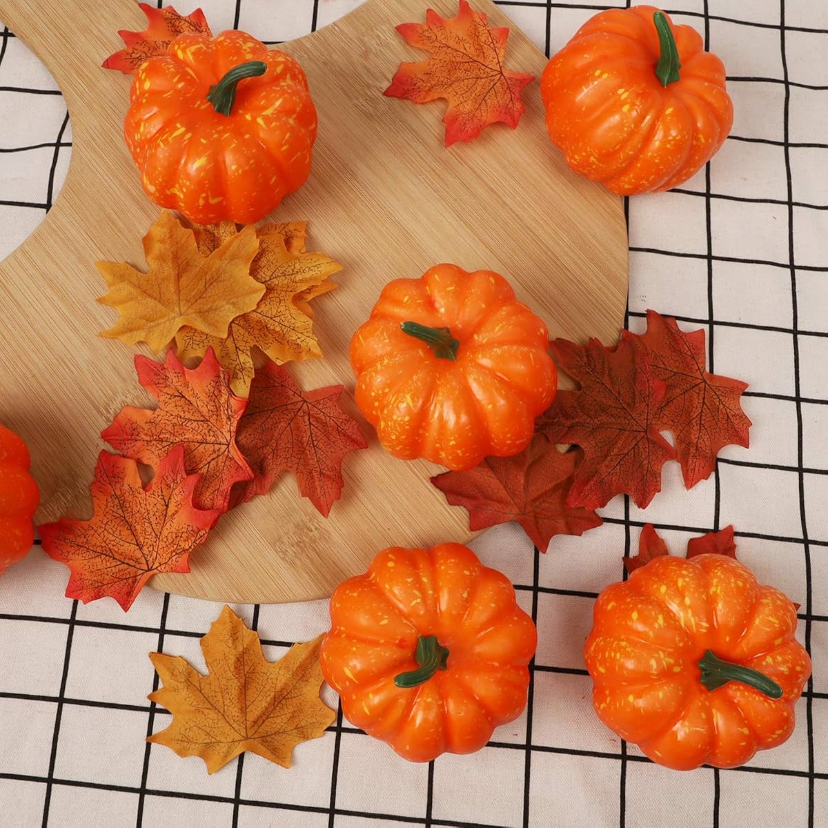 Lulu Home Fall Day Pumpkin Decorations, 12 Packs Artificial Mini Pumpkins and 30 Pcs Fake Maple Leaves, Autumn Plastic Pumpkin Decorating for Harvest - imagen de detalle 1