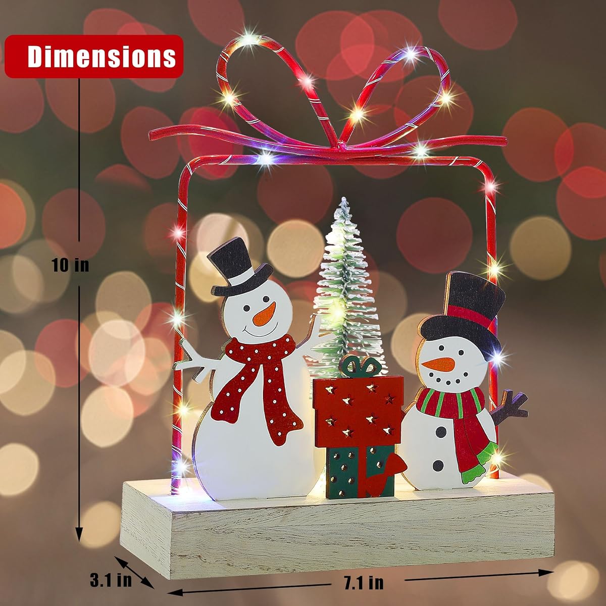 Lulu Home Christmas Tabletop Decoration, Wooden Pre-lit Xmas Snowmen Gift Boxes Ornament with Metal Frame, Battery Operated LED Light Up Holiday Sign for Indoor Mantel Shelf Decor - imagem de detalhe 1