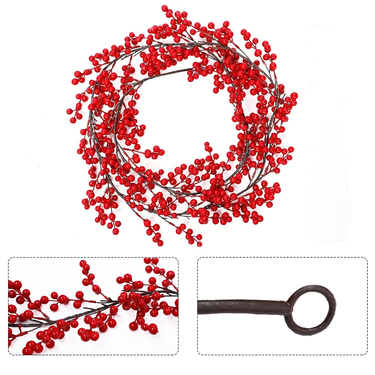 Lulu Home Red Berry Garland, 8.9FT Flexible Artificial Christmas Holly Berry Vine, Winter Berry Garland for Mantle Xmas Tree Window Door Hanging Indoor Outdoor Holiday Decoration (1) - detail image 2