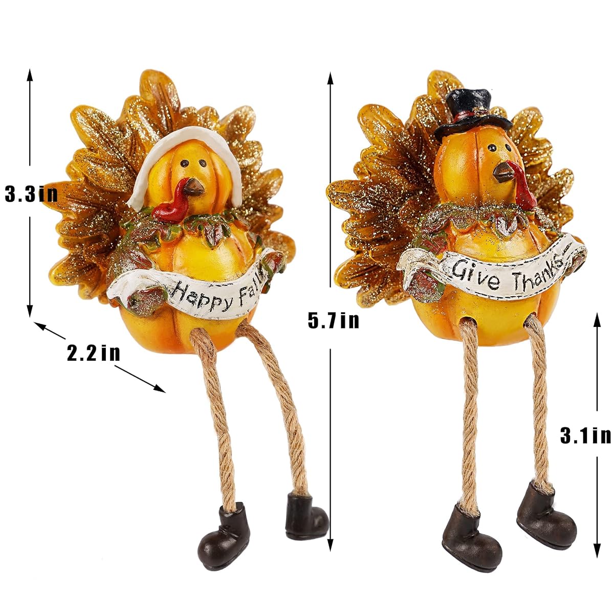 Lulu Home Thanksgiving Turkey Figurines, Set of 2 Resin Turkey Shelf Sitters with Dangling Legs, Give Thanks Happy Fall Harvest Sculpture for Window Sill Kitchen Tabletop Autumn Home Decor - imagem de detalhe 1