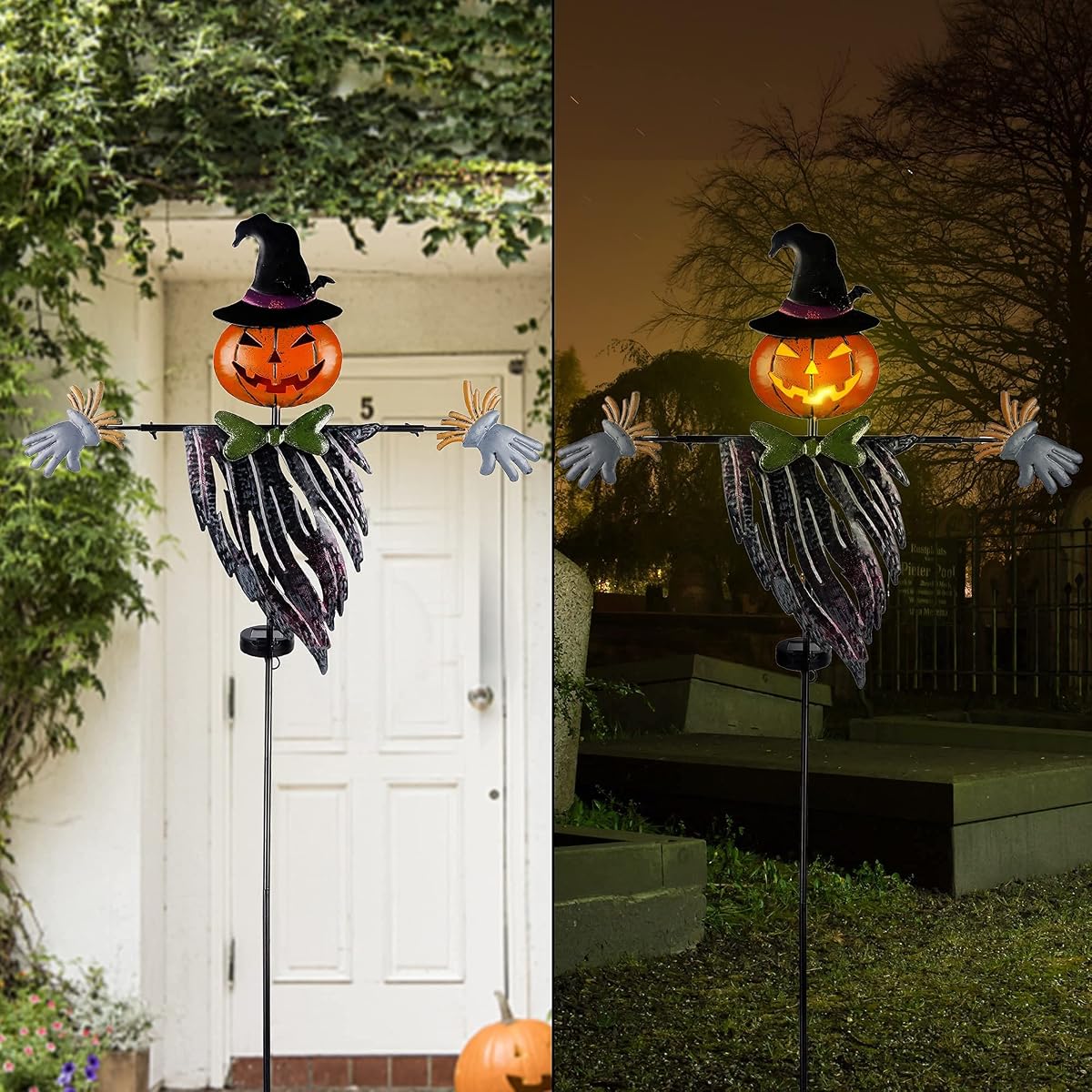 Lulu Home Halloween Yard Stake, 46.4" Solar Lighted Metal Pumpkin Head Scarecrow Stake, Outdoor Decoration Garden Lawn Driveway Yard Sign for Halloween - imagem de detalhe 4