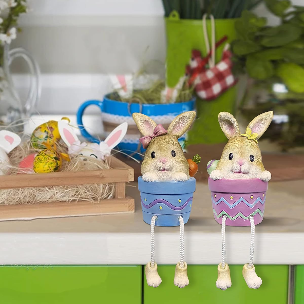 Lulu Home Easter Bunny Figurine, Set of 2 Resin Pot Bunny Shelf Sitters with Dangling Legs, Cute Modern Easter Statue Tabletop Sculpture Centerpieces Decorations - imagen de detalle 4