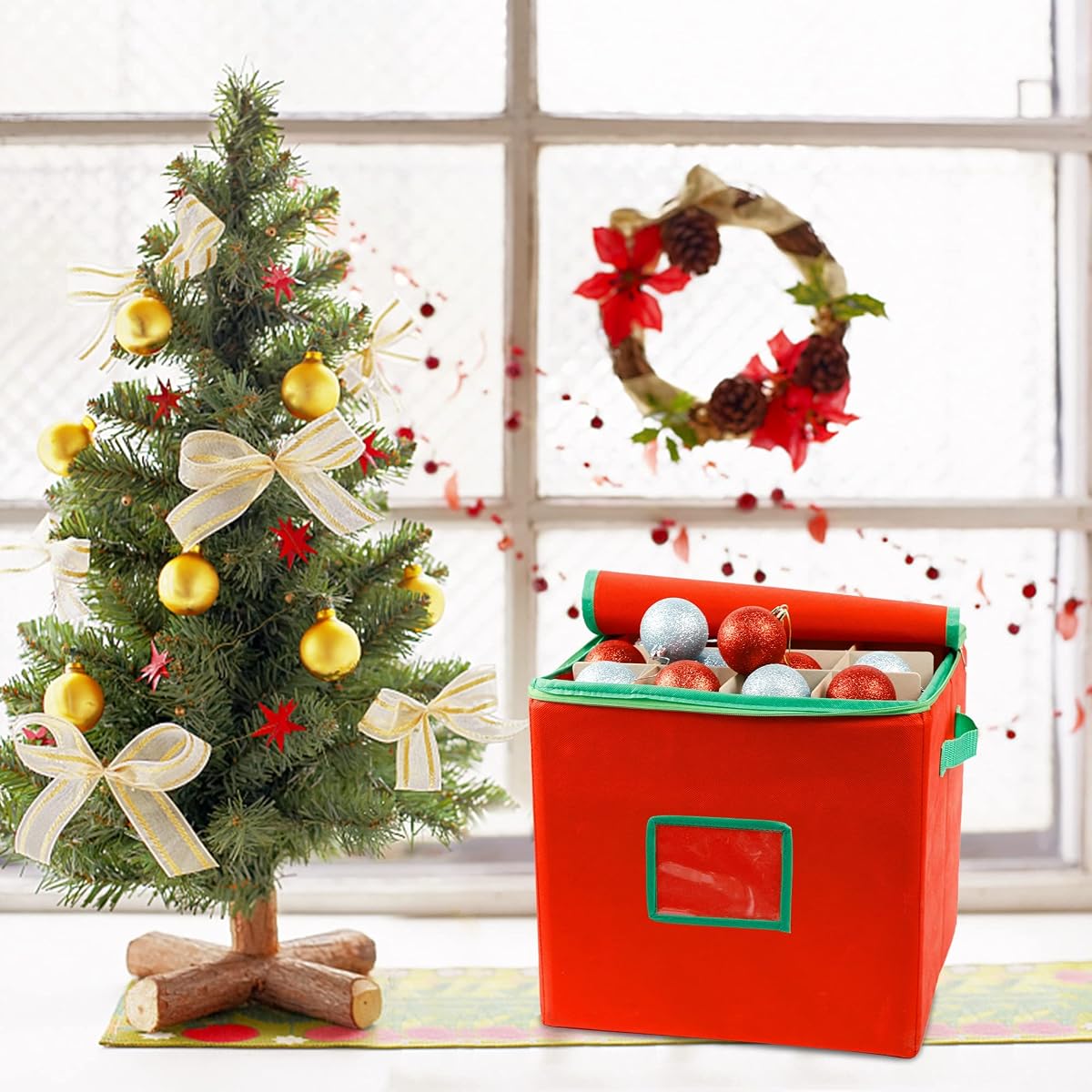 Lulu Home Christmas Ornament Storage Container, 600D Oxford Fabric Christmas Balls Storage Boxes, 4 Layers Ornament Storage Boxes Stores Up to 64 Ornaments with Zippered Closure and Two Handles, Red - imagem de detalhe 5