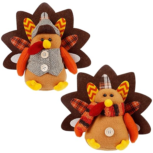 Lulu Home Thanksgiving Tabletop Decoration - Set of 2 Plush Standing Turkey Couple & Shelf Sitters Centerpiece - Fall Home Decor