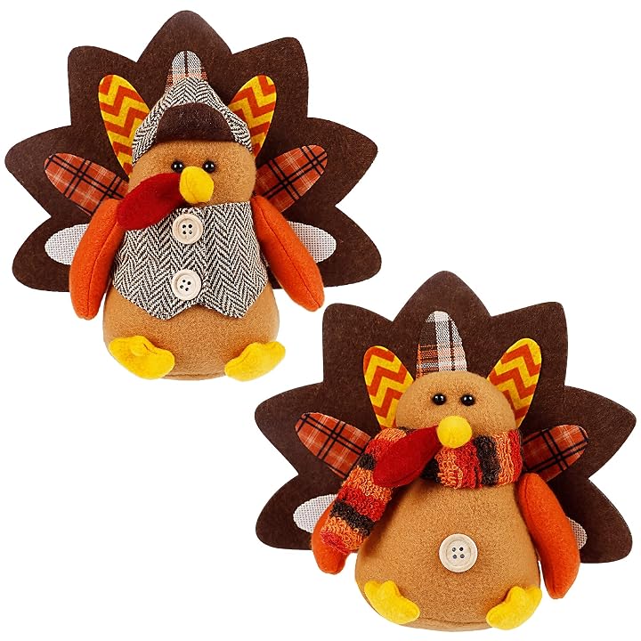 Lulu Home Thanksgiving Tabletop Decoration - Set of 2 Plush Standing Turkey Couple & Shelf Sitters Centerpiece - Fall Home Decor